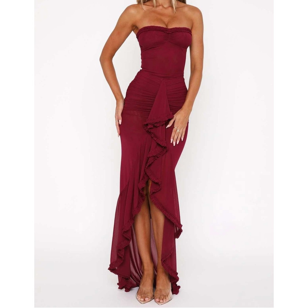 NEW White Fox Still Got It Mesh Ruffle Maxi Dress Dark Burgundy XXS Ruched Gown